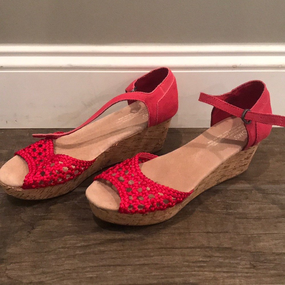 Toms red wedge shoes
